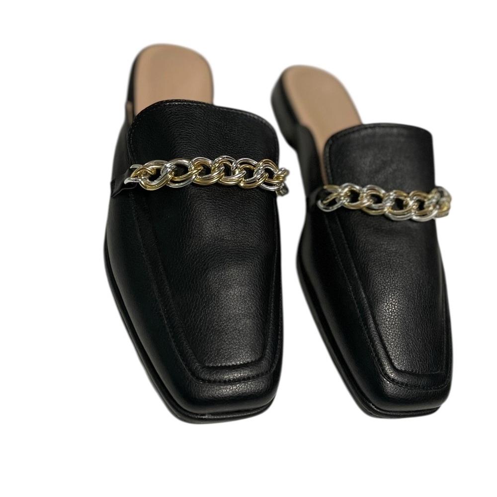 Ermonn Womens faux leather Flat Mules w/ Chain Detail Square toe sz 9 old money